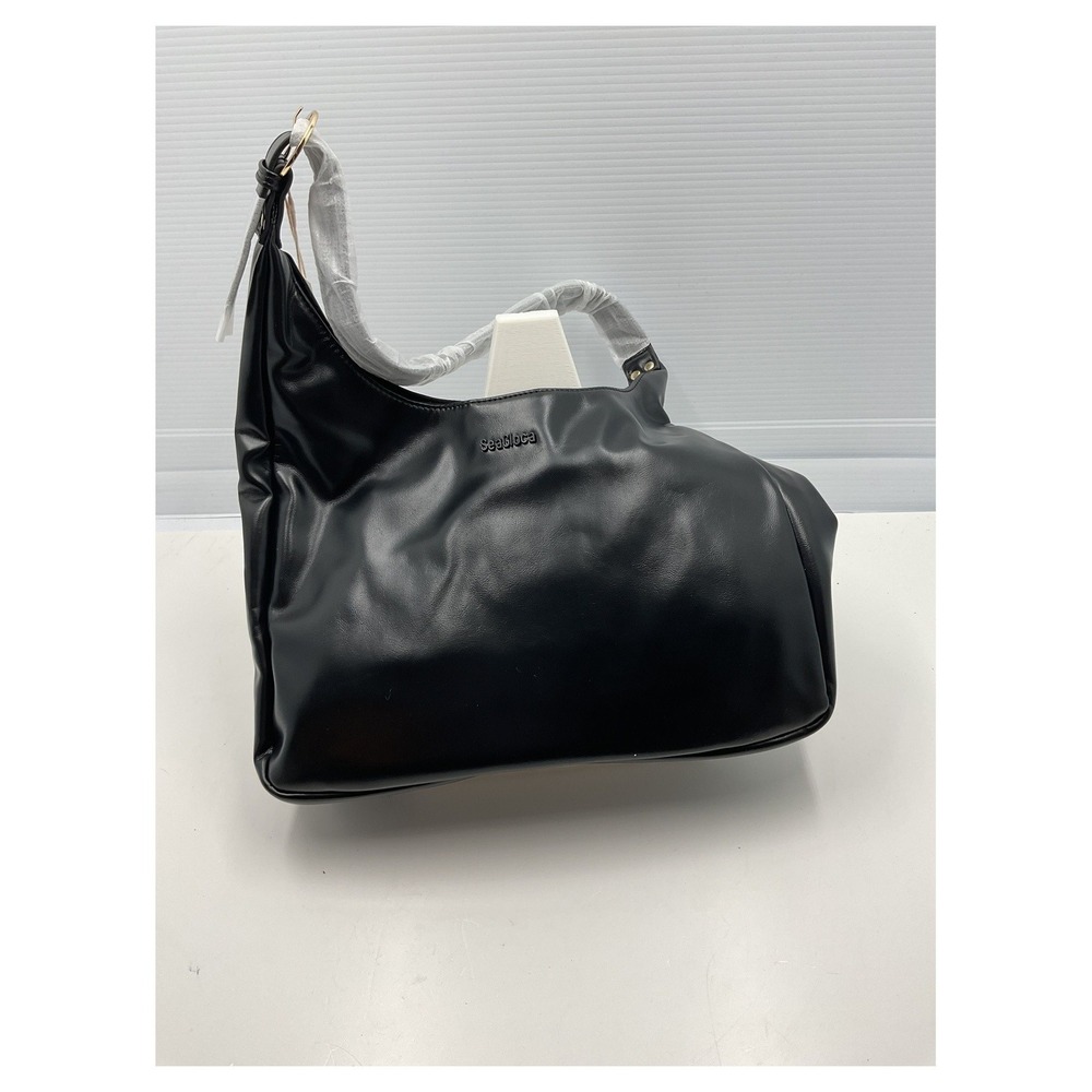 SeaGloca‎ Black Faux Leather Hobo Shoulder Bag Large NWT